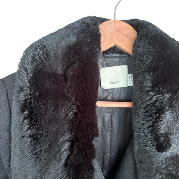Vince Fur Collar Wool Coat M Black Leather Glam Capsule Minimalist Old Money - Picture 10 of 12